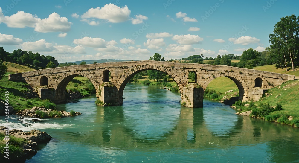 Fototapeta premium Stone bridge over a river under a blue sky with fluffy clouds