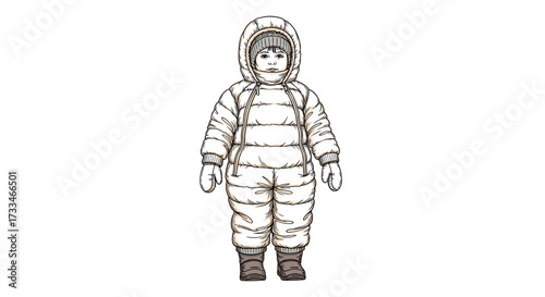 Child in white snowsuit and boots standing on white background