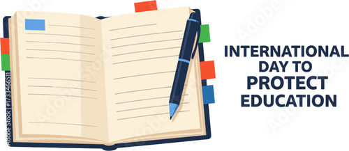 An illustrated image promoting the International Day to Protect Education, featuring a notebook, pen, and colorful bookmarks.