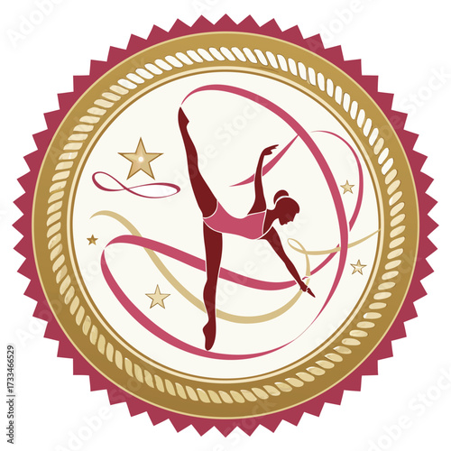 A decorative emblem featuring a gymnast performing with ribbons and stars.