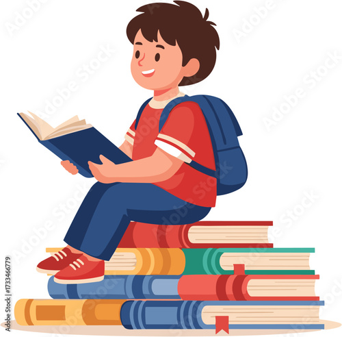 A young boy with a backpack sits atop a stack of books, engrossed in reading, symbolizing education and the joy of knowledge.