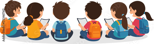 A group of young students with backpacks are sitting together, engrossed in reading digital tablets, fostering learning and education.