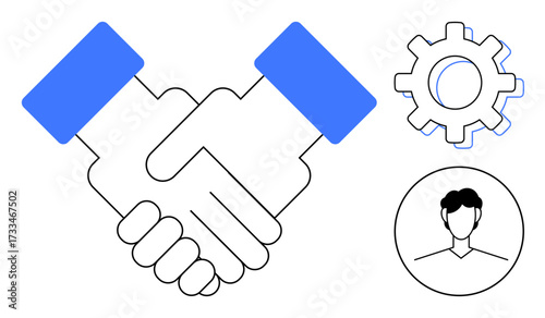 Handshake symbolizing teamwork, gear for operational processes, and profile icon for individual involvement. Ideal for business, partnership, teamwork, cooperation, human resources, networking