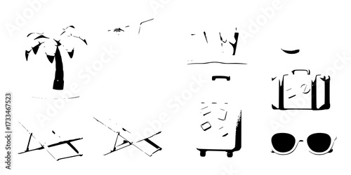 Summer travel 3d icons. Render beach elements, realistic palm tree, cocktail, sunglasses, chaise lounge. Touristic suitcase, pithy vector clipart
