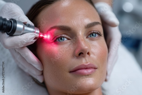 Woman receiving laser skin treatment at a modern beauty clinic for rejuvenation