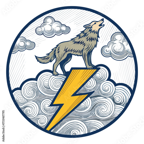 A wolf howls on a lightning bolt surrounded by stylized clouds and rain.