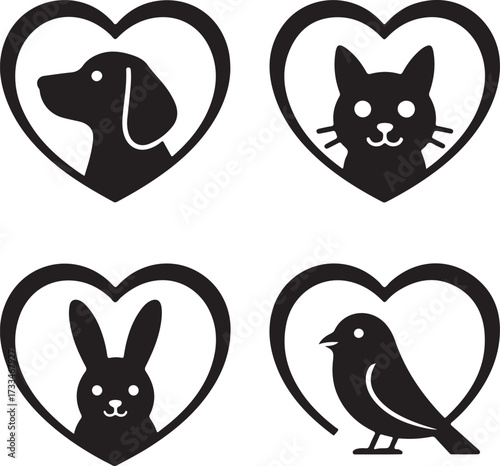 Four animal silhouettes inside heart shapes representing love for pets