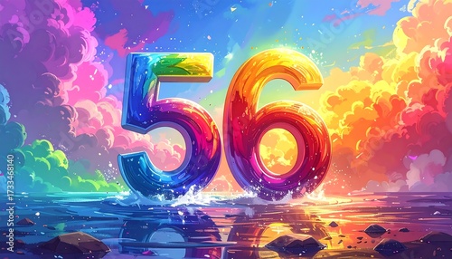 Colorful 3D numbers 56 on a vibrant landscape