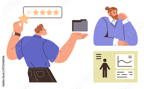Man holds star rating and file, another contemplates at desk, data charts presented. Ideal for evaluation, review process, analytics, decision-making, HR tasks, performance appraisal simple flat