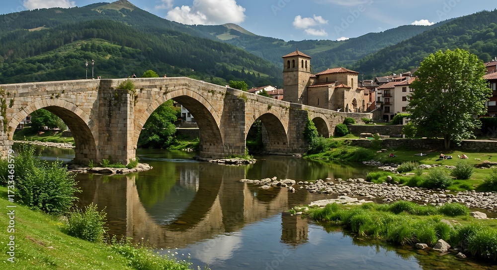 Fototapeta premium Stone bridge spanning a river in a scenic mountain landscape reflection