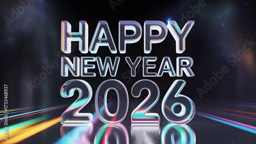 happy new year 2026 glass letter with chromatic aberration refraction dispersion 3d illustration