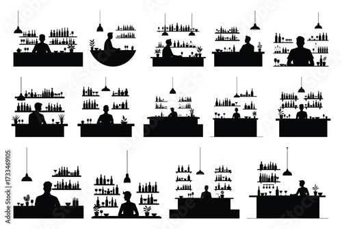 Bar scene silhouettes with bartenders and shelves of bottles