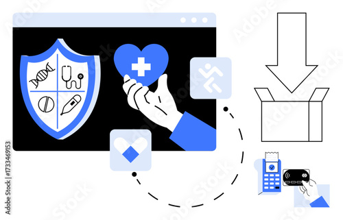 Shield with healthcare icons, hand holding a heart, download symbol, credit card payment terminal. Ideal for health software, online services, e-commerce, insurance, telemedicine wellness solutions