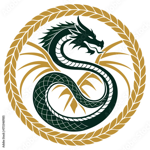 A circular emblem featuring a dark green dragon coiled within golden wheat stalks.