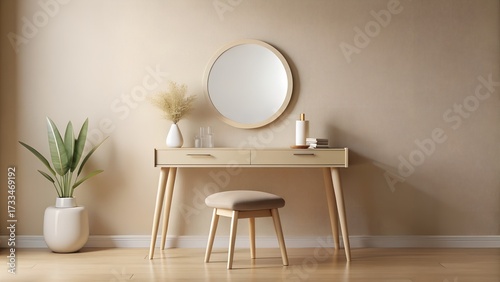 Dressing table with mirror, stool, and plant