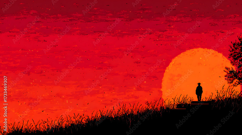 Naklejka premium Pixel Art Silhouette of a Man Walking into a Red Sunset