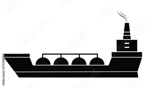 Oil tanker ship icon vector. Gas or diesel delivery ship silhouette. Marine cargo vessel black silhouette. Navy commercial transport vector illustration.