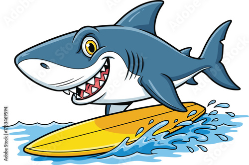 Cartoon shark surfing on yellow board, toothy grin, blue water splash, playful ocean animal, fun summer theme, vector illustration