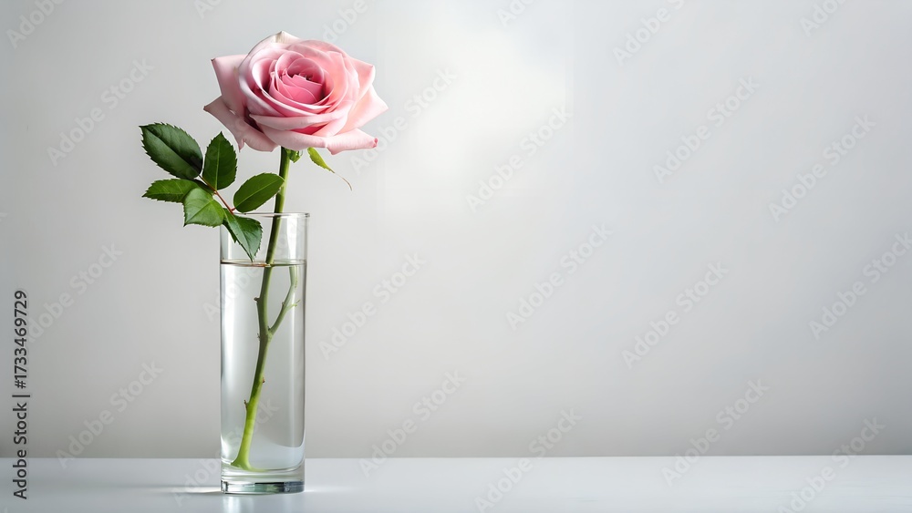 Fototapeta premium Single pink rose in a glass vase on white background