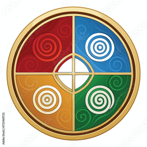 A colorful circular graphic with four quadrants and intricate spiral designs.