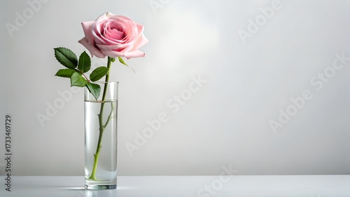 Single pink rose in a glass vase on white background
