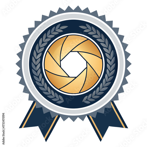 Circular award ribbon with camera lens in the center and laurel leaves.