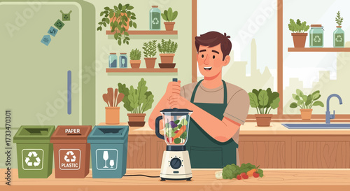 Man blending a smoothie at home, promoting a sustainable lifestyle in his kitchen
