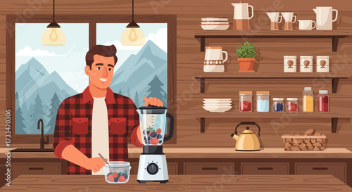 Cheerful man preparing a healthy berry smoothie in a cozy rustic kitchen with a scenic view