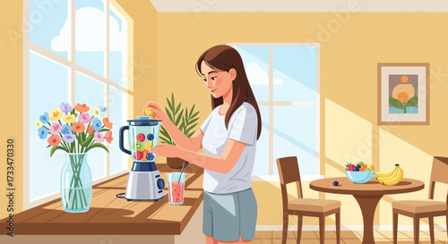 Young woman preparing a healthy fruit smoothie in a bright kitchen setting