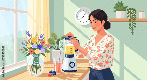 Healthy living lifestyle depicted through a woman preparing a smoothie in a bright kitchen
