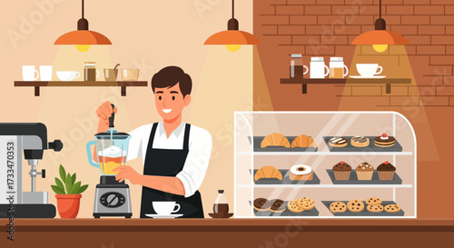 Illustration of a barista making a smoothie in a cafe setting with baked goods