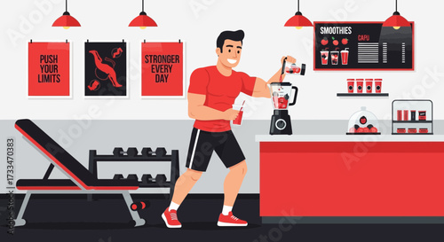 Man blending fresh fruit smoothie in fitness center cafe, promoting healthy lifestyle