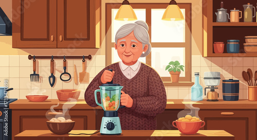 Grandmother's Joyful Cooking Experience: Preparing Healthy Smoothies in a Warm Kitchen