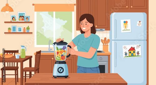 Woman making a fresh fruit smoothie in a modern kitchen with a cheerful expression
