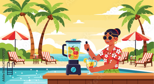 Vibrant poolside scene with a woman blending tropical fruit for a refreshing beverage