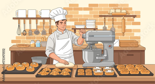 Illustrative baker preparing dough surrounded by an array of pastries and tools