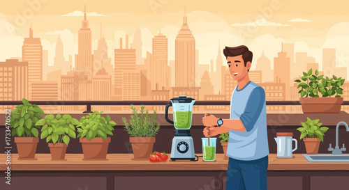 Urban wellness: Young man blending green smoothie on rooftop with cityscape view