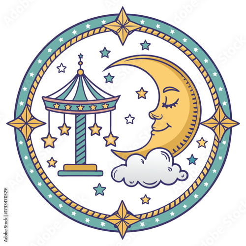Whimsical moon and carousel with stars in a circular emblem.