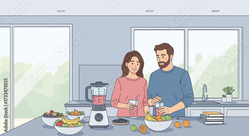 Young couple preparing a fresh fruit smoothie in their bright, modern kitchen
