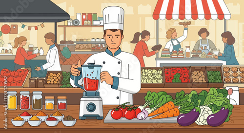 Chef preparing healthy smoothie at vibrant market, illustrated vector scene