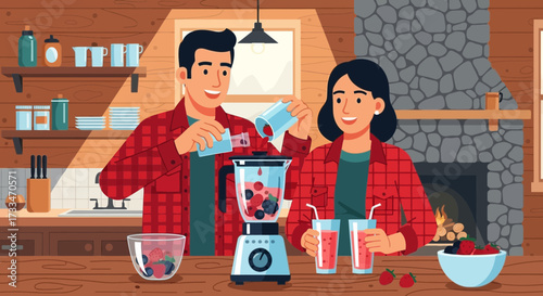 Cheerful couple crafting a vibrant berry smoothie in cozy cabin kitchen scene