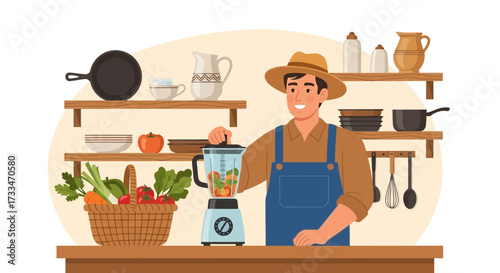 Happy farmer preparing a nutritious smoothie with fresh produce at home