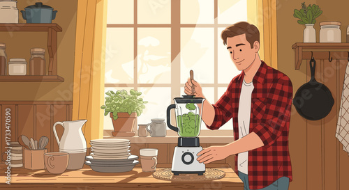 Man preparing a green smoothie in a sunny kitchen with a modern blender