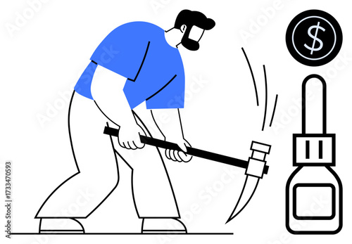 Man using pickaxe for mining next to a charging device and dollar coin. Ideal for cryptocurrency, mining, finance, labor, blockchain, digital currency, and investment topics. Simple flat metaphor