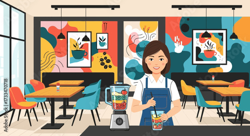 Vibrant Smoothie Bar: Woman Preparing Fresh Fruit Drinks in a Colorful Cafe