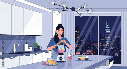 Modern kitchen scene with woman preparing smoothie against a cityscape backdrop