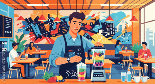 A happy barista prepares colorful smoothie for customers in modern café