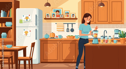 Animated cartoon-style illustration of a woman preparing a smoothie in a bright kitchen