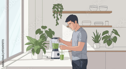 Healthy lifestyle illustration: A man preparing a green smoothie in a bright kitchen