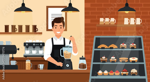 Cheerful barista crafting a beverage in a cozy cartoon cafe interior illustration